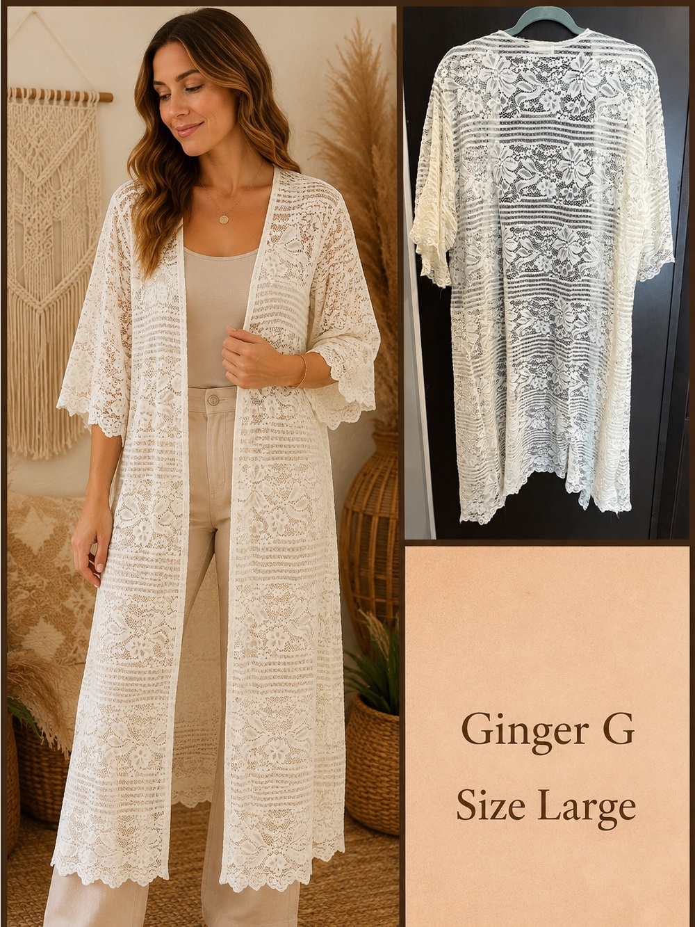 Ginger G white Lace Duster Kimono - Large